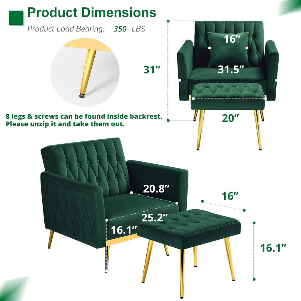Velvet Accent Chair with Adjustable Armrests and Backrest, Button Tufted Lounge Chair, Single Recliner Armchair with Ottoman and Pillow for Living Room, Bedroom, Green