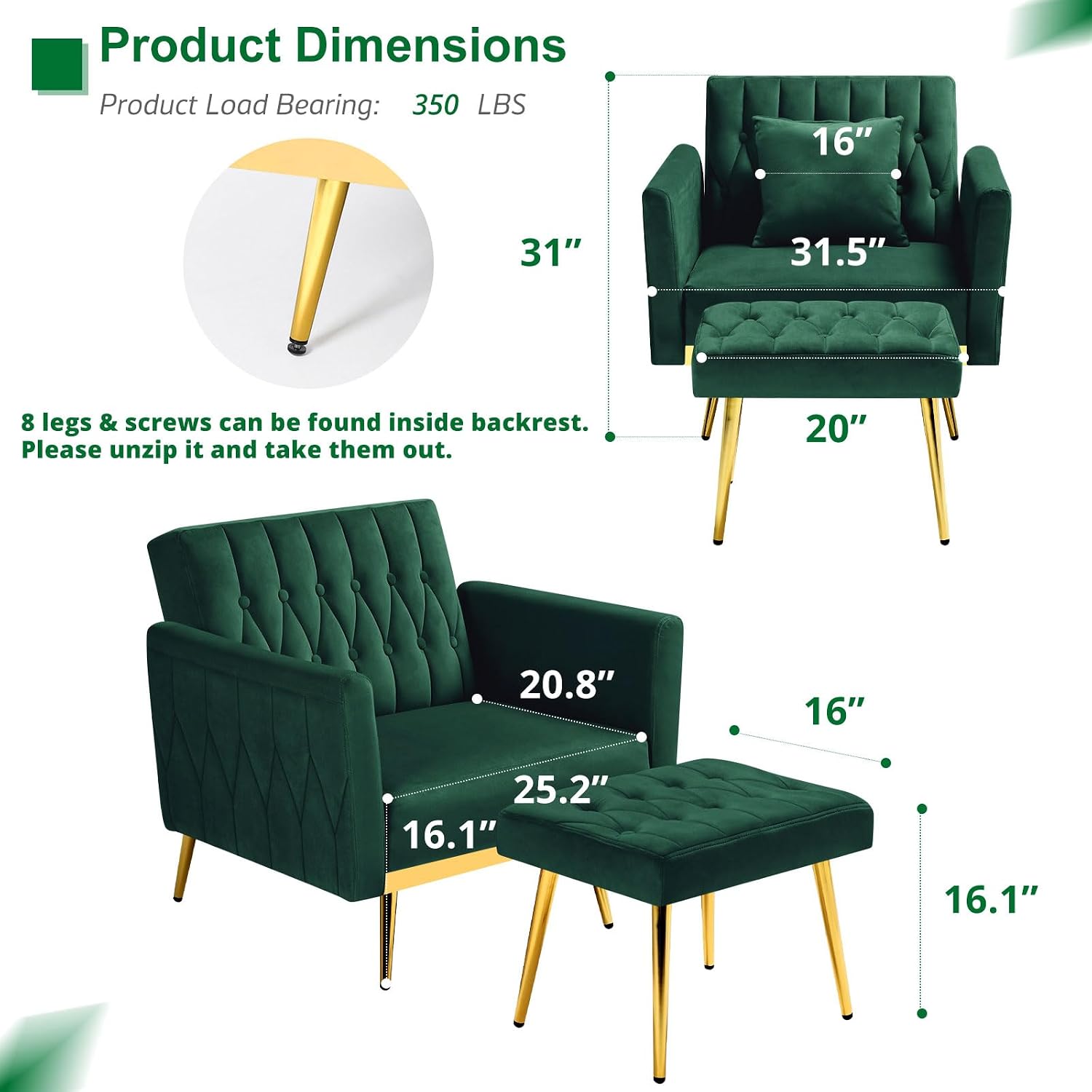 Velvet Accent Chair with Adjustable Armrests and Backrest, Button Tufted Lounge Chair, Single Recliner Armchair with Ottoman and Pillow for Living Room, Bedroom, Green