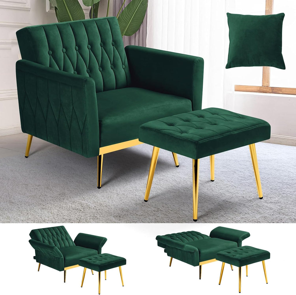 Velvet Accent Chair with Adjustable Armrests and Backrest, Button Tufted Lounge Chair, Single Recliner Armchair with Ottoman and Pillow for Living Room, Bedroom, Green