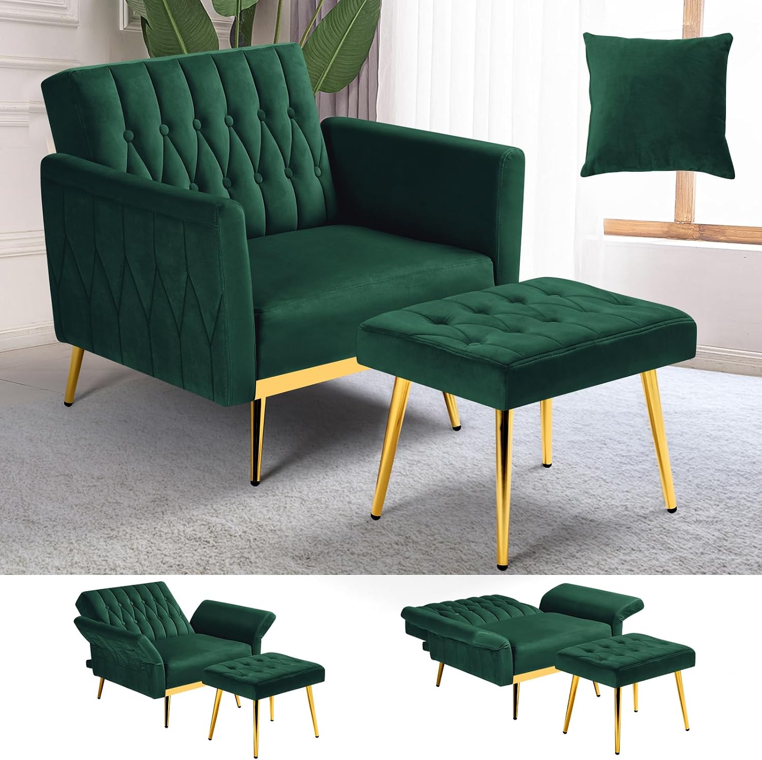 Velvet Accent Chair with Adjustable Armrests and Backrest, Button Tufted Lounge Chair, Single Recliner Armchair with Ottoman and Pillow for Living Room, Bedroom, Green