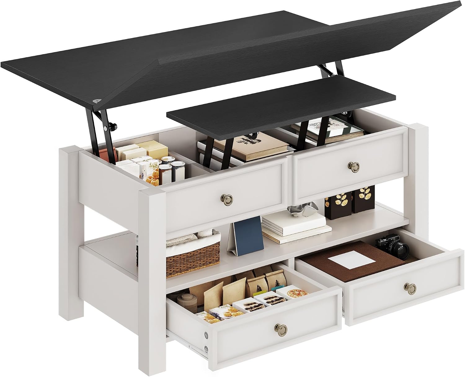 YITAHOME Coffee Table Lift Top, Multi-Function Convertible Coffee Table with Drawers and Hidden Compartment, Converts to Dining Table for Living Room