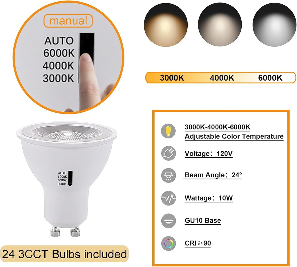Black Dimmable LED Track Lighting Kit, 3CCT 10W Track Lights Heads 3000K/4000K/6000K Adjustable with 29.52FT H-Type Track Light Rails 24PCS Ceiling Spotlight Fixture Replaceable GU10 Bulbs