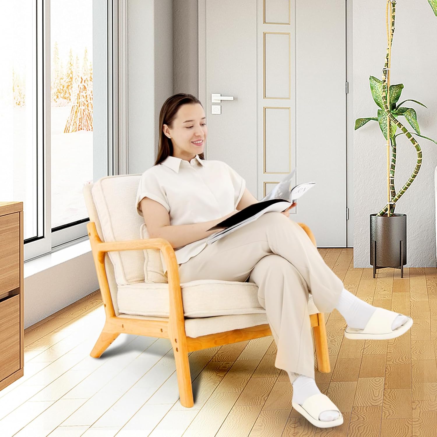 MALOL Modern Accent Chair with Lumbar Pillow, Relaxing Mid Century Chair Armchair with Solid Wood Frame & Soft Cushion, Reading Leisure Armchair for Living Room, Beige
