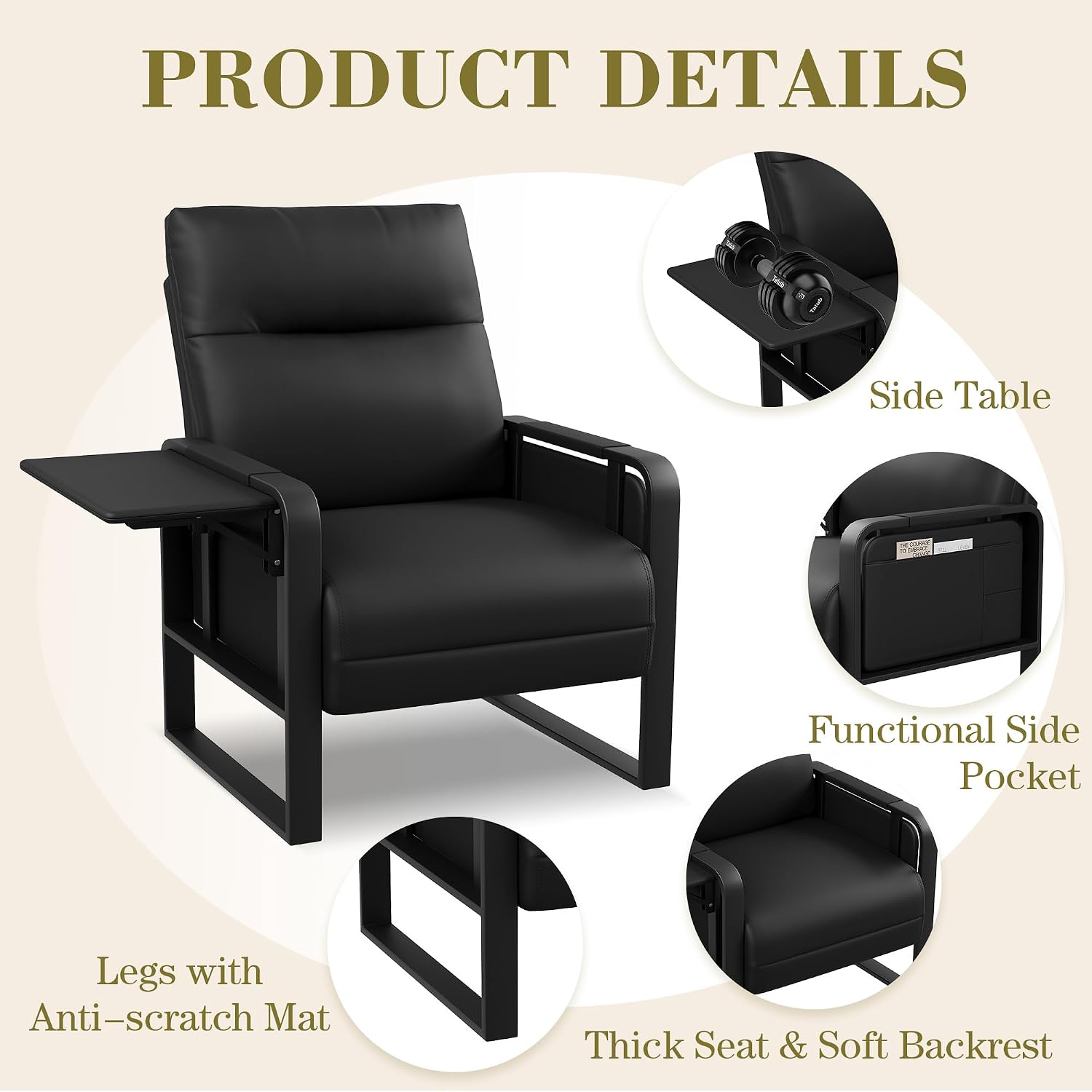 Modern Black Accent Chair PU Leather Upholstered Armchair with Foldable Side Table for Bedroom Living Room Chairs Office Chair