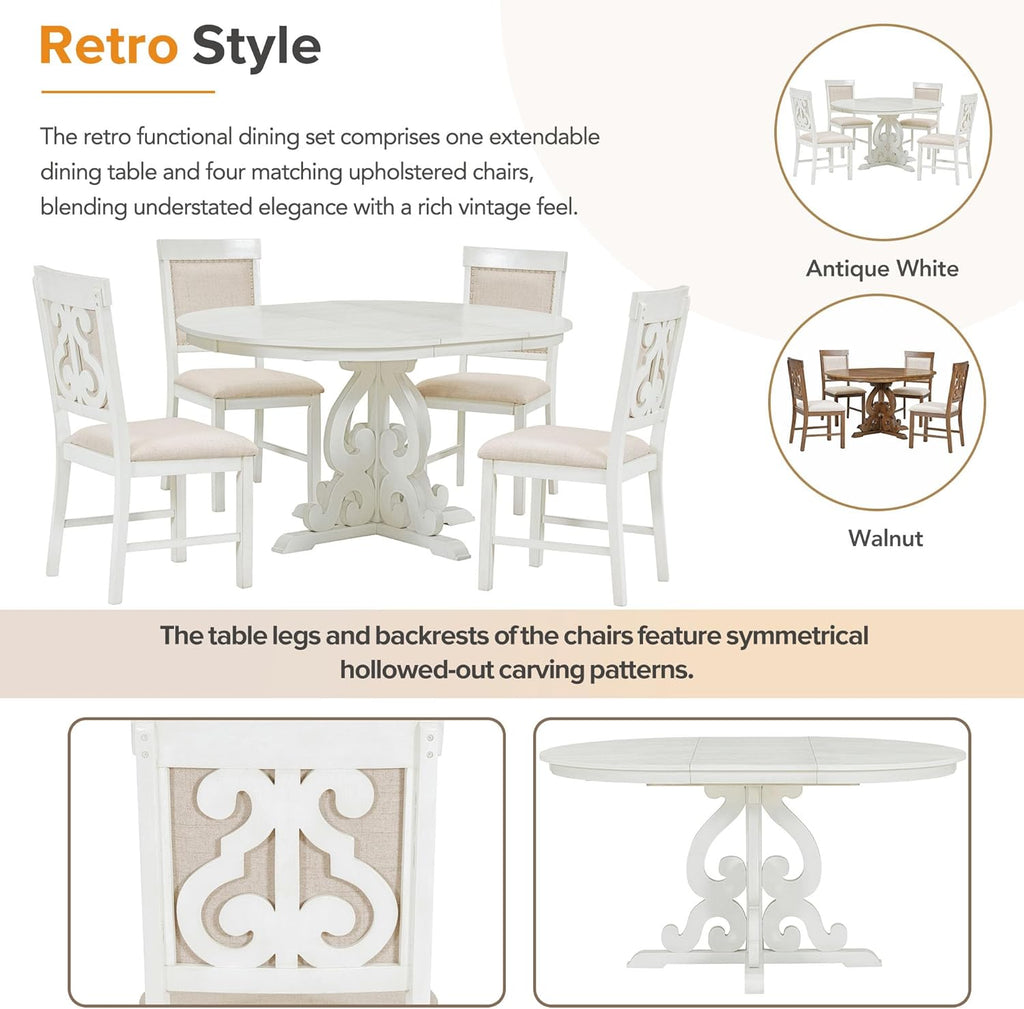 Merax Dining Table Set for 4, Extendable Round Tabletop with 16 inch Leaf and Upholstered Chairs, Retro Hollowed-Out Carving Design, White