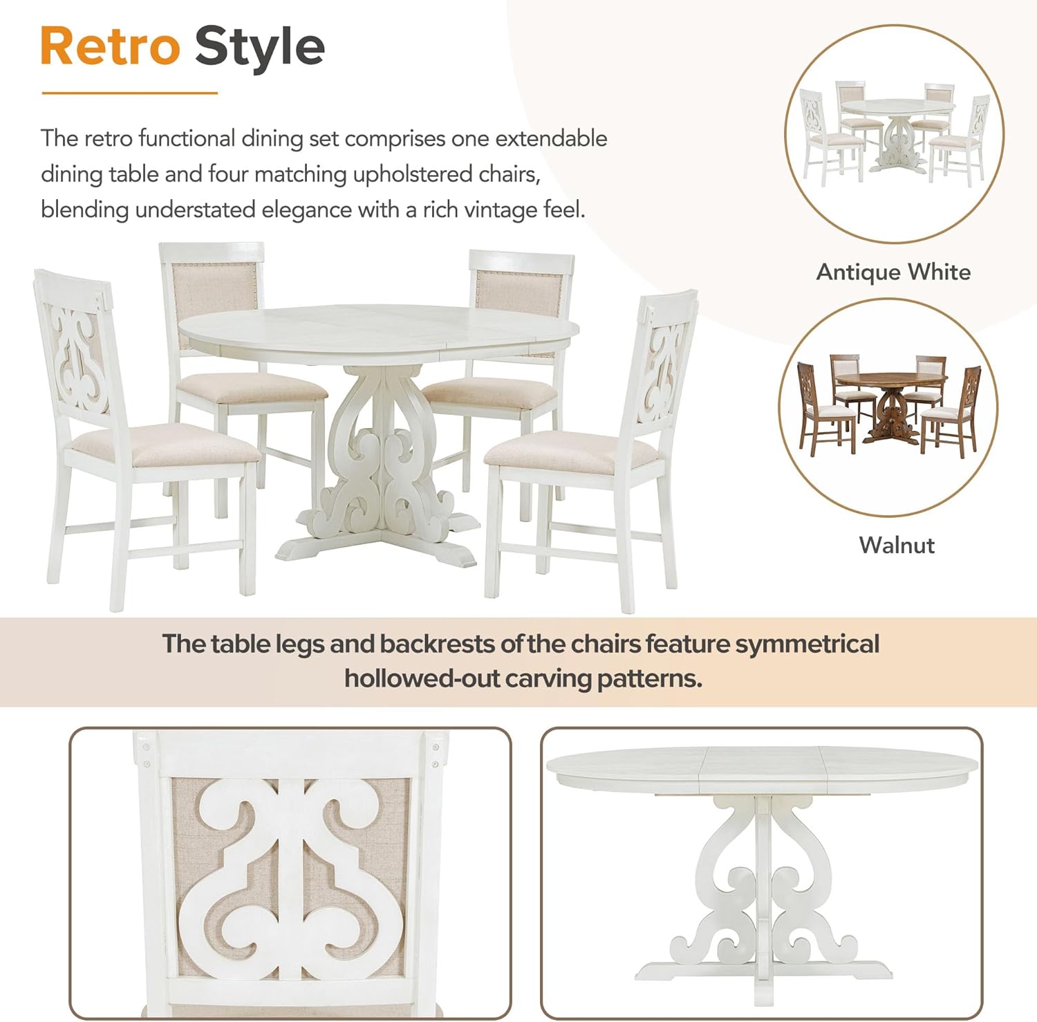 Merax Dining Table Set for 4, Extendable Round Tabletop with 16 inch Leaf and Upholstered Chairs, Retro Hollowed-Out Carving Design, White