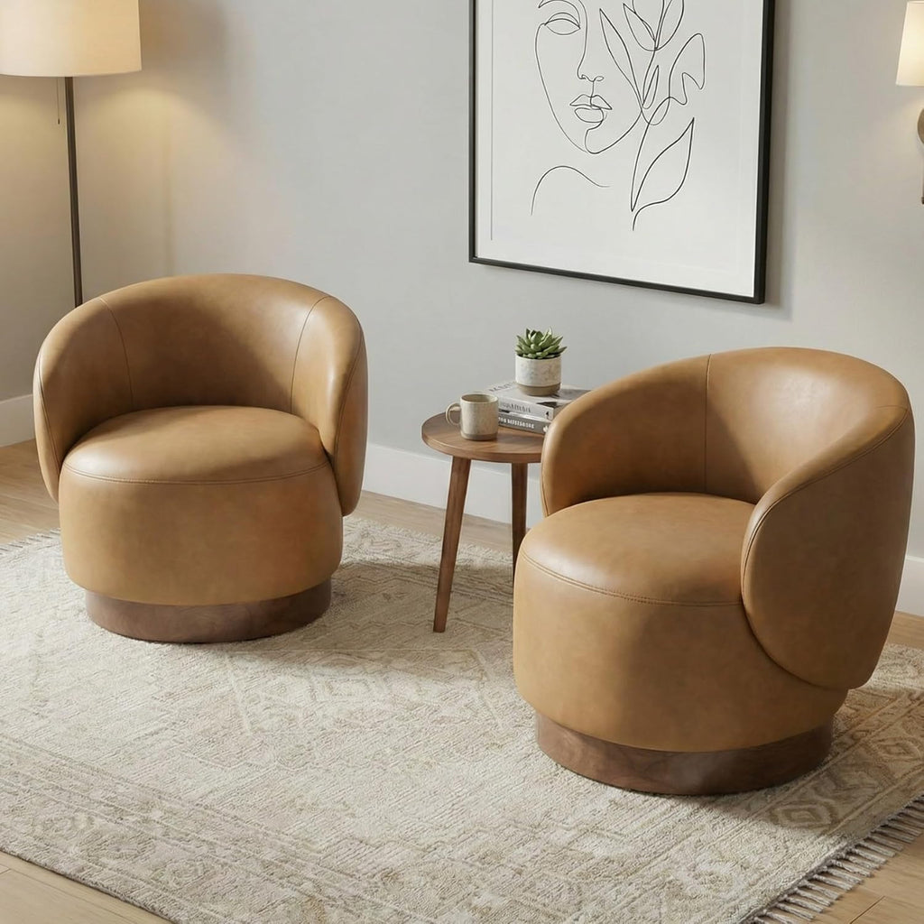 KISLOT Swivel Accent Chair Modern Round Barrel Armchair with Upholstered Faux Leather for Living Room Bedroom Waitingroom,2 Box,Brown