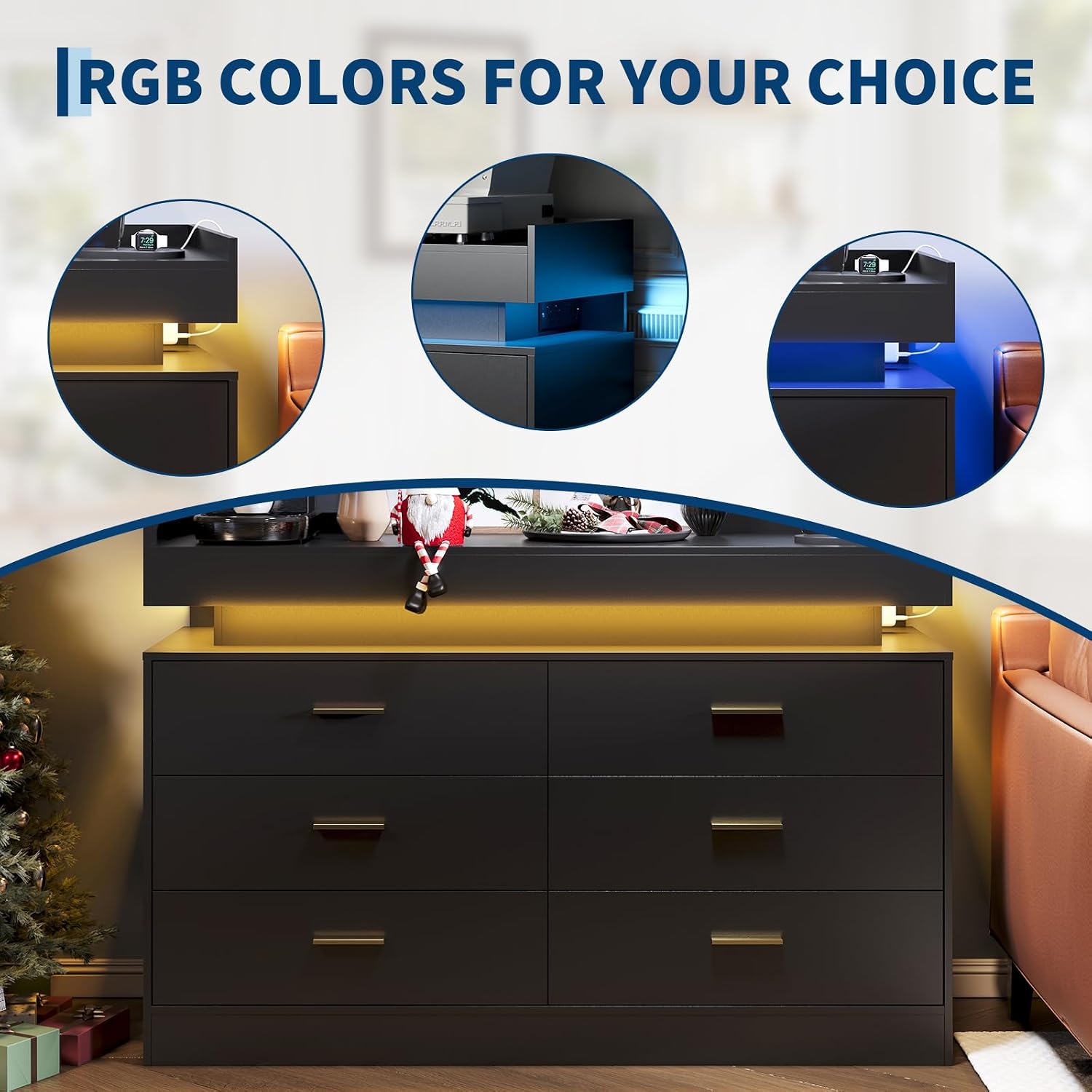 TV Stand Cabinet with LED Lights & Charging Station, Coffee Bar Cabinet Floating Countertop, Modern Sideboard Buffet 6 Drawers for Home, Living Room, Black