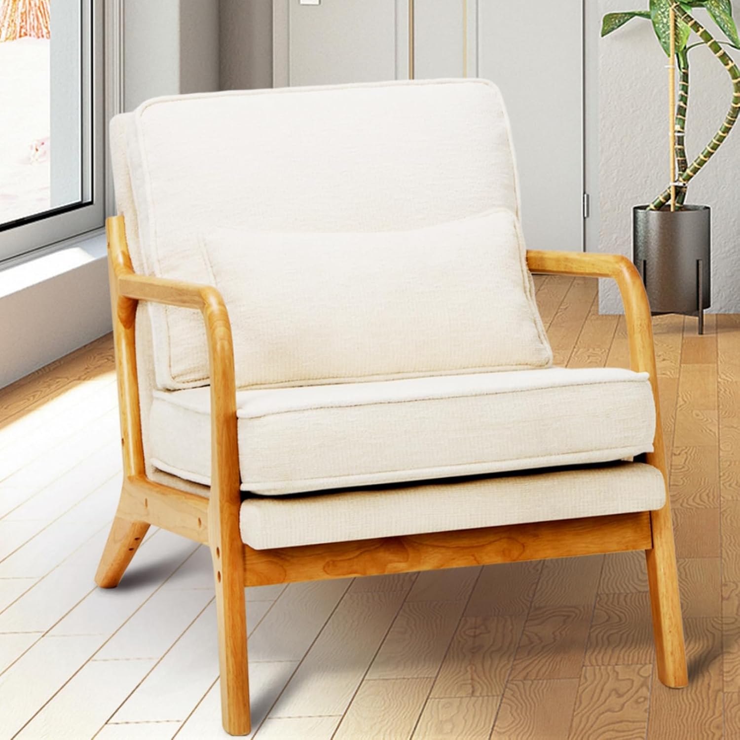 MALOL Modern Accent Chair Set of 2 with Lumbar Pillow, Relaxing Mid Century Chair Armchair with Solid Wood Frame & Soft Cushion, Reading Leisure Armchair for Living Room, Beige