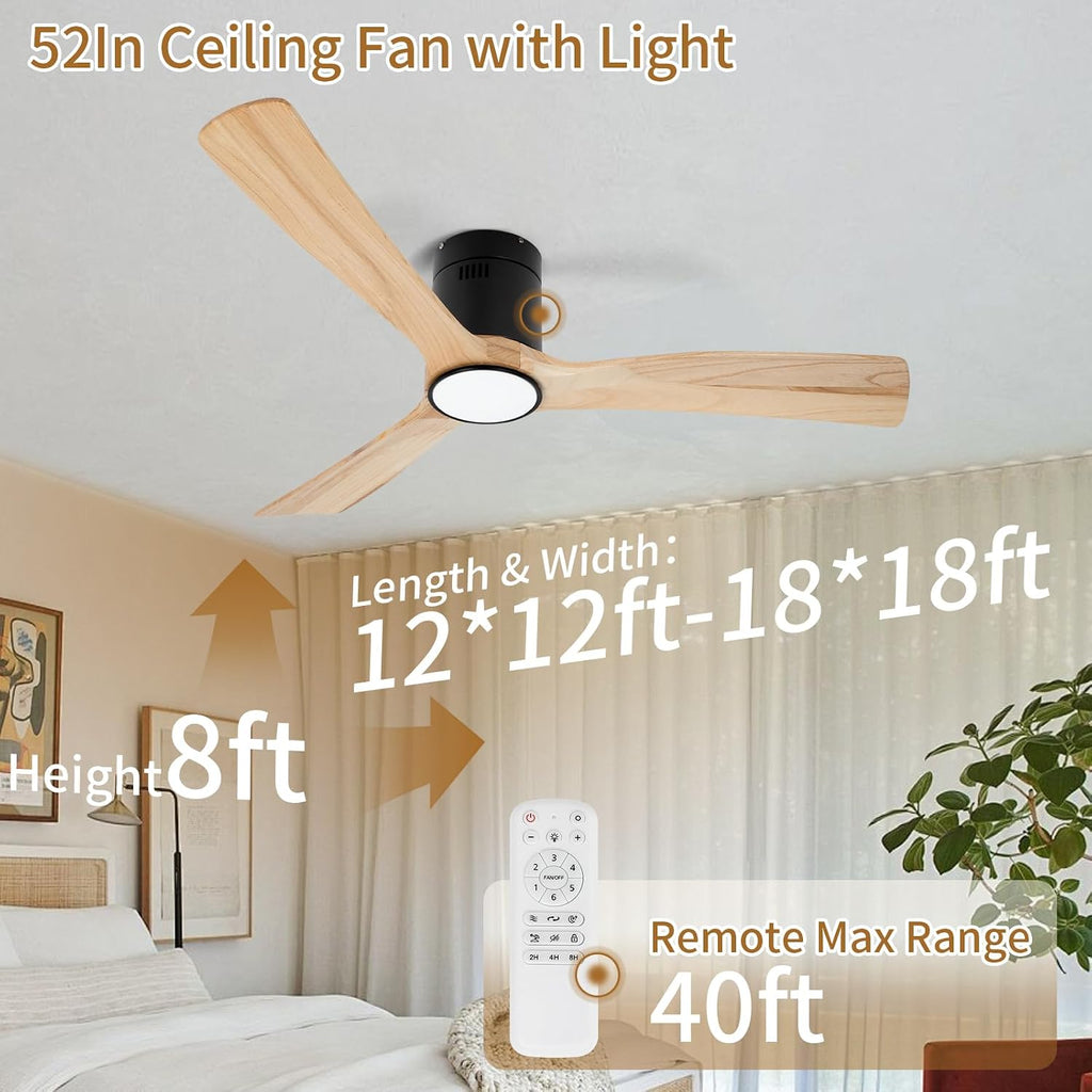 52inch Ceiling Fan with Lights,Flush Mount Wood Ceiling Fans with Remote Control,Dimmable Light,Noiseless DC Motor,Ceiling Fan for Bedroom,Living Room,Office,Indoor