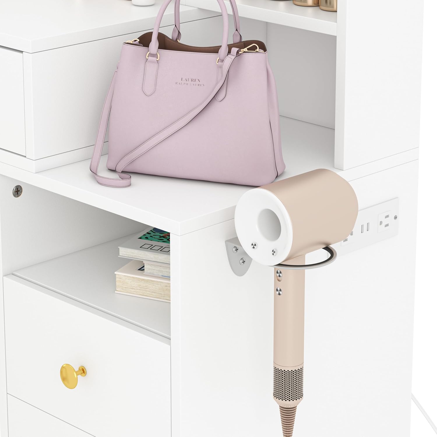 Modern Vanity Desk with HD Mirror and Lights, Makeup Table with 4 Drawers and Glass Cabinet, 3 Lighting Color Adjustable, Girls Dressing for Bedroom