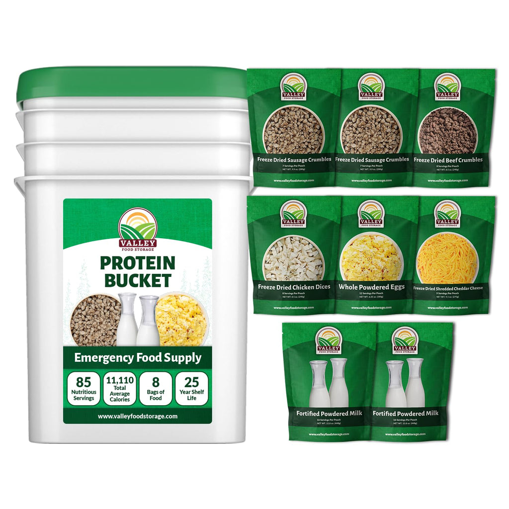 Valley Food Storage Premium Protein Bucket | Freeze Dried Meat & Dairy | 85 Servings, 1,052g Protein | Emergency Food Supply with 25 Year Shelf Life | Prepper Food for Camping & Long-Term Storage