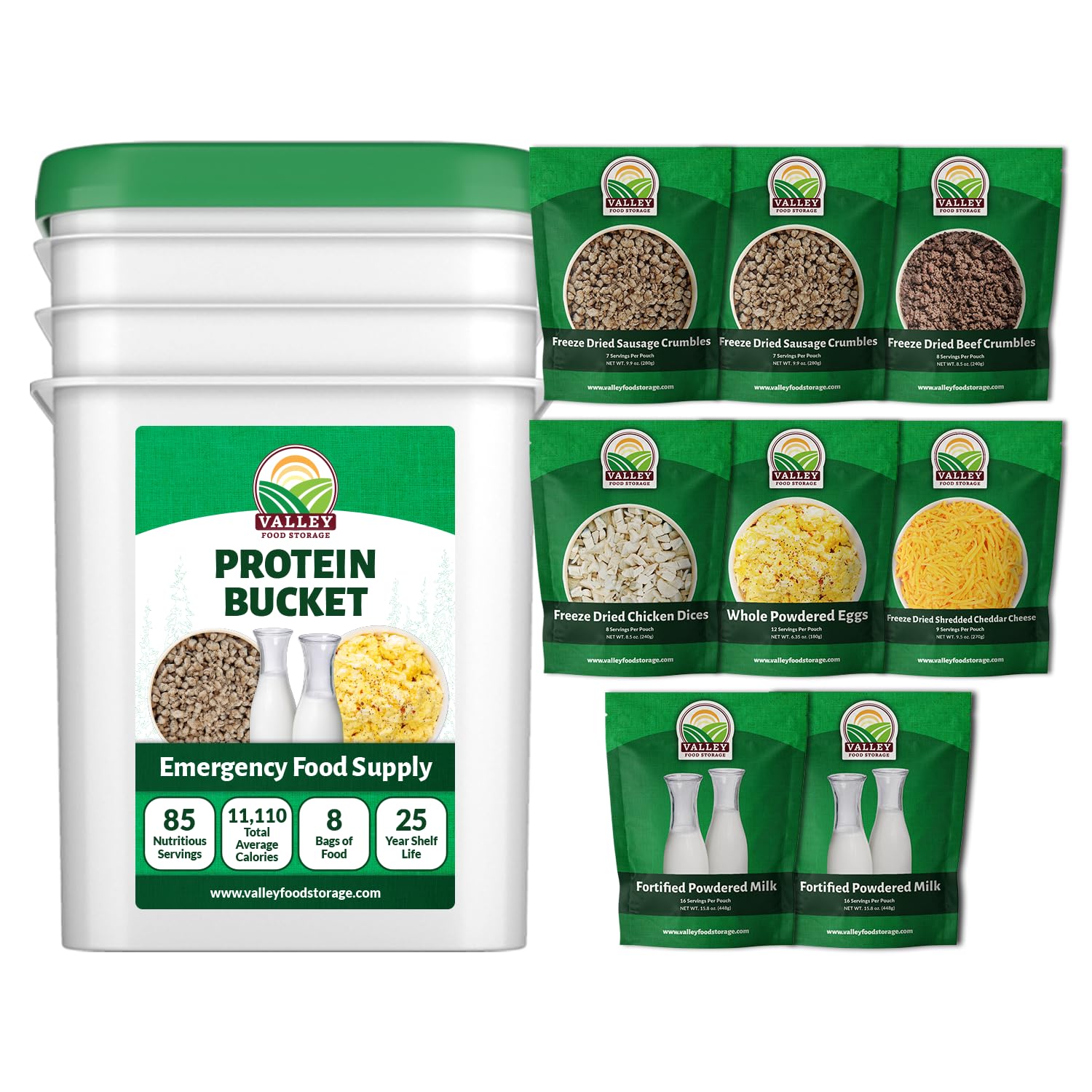 Valley Food Storage Premium Protein Bucket | Freeze Dried Meat & Dairy | 85 Servings, 1,052g Protein | Emergency Food Supply with 25 Year Shelf Life | Prepper Food for Camping & Long-Term Storage