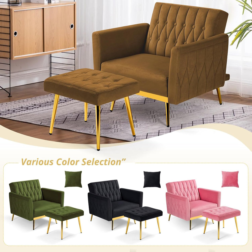 Velvet Accent Chair with Adjustable Armrests and Backrest, Button Tufted Lounge Chair, Single Recliner Armchair with Ottoman and Pillow for Living Room, Bedroom, Brown