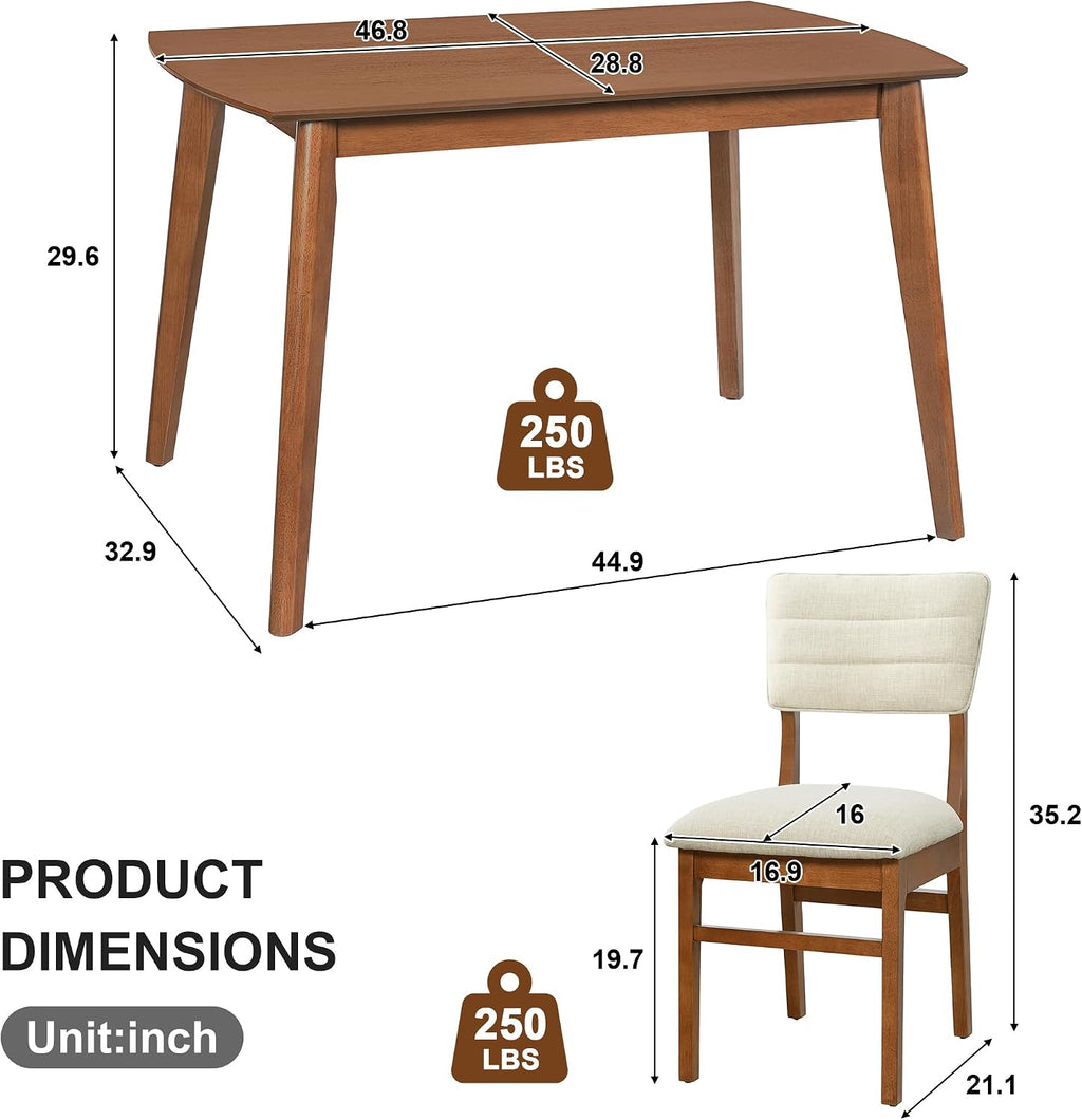 Merax 5 Piece Solid Wood Dining Table Set, Farmhouse Mid-Century Modern Table & 4 Upholstered Chairs for Home, Kitchen, Apartment, Space Saving, Brown+Biege