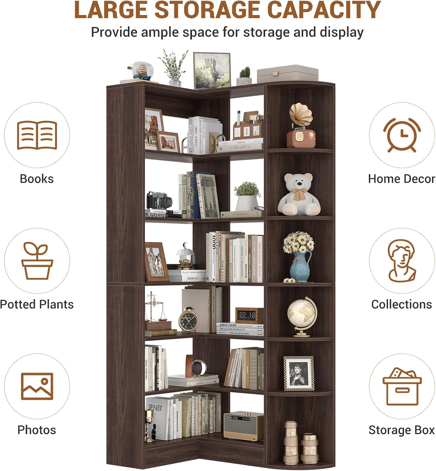 Cyclysio 71' Tall Corner Shelf, 7-Tier L-Shaped Corner Bookshelf with Raised Edges, Large Freestanding Storage Rack for Kitchen, Pantry, Dining Room, Living Room, Home Office, Black Walnut