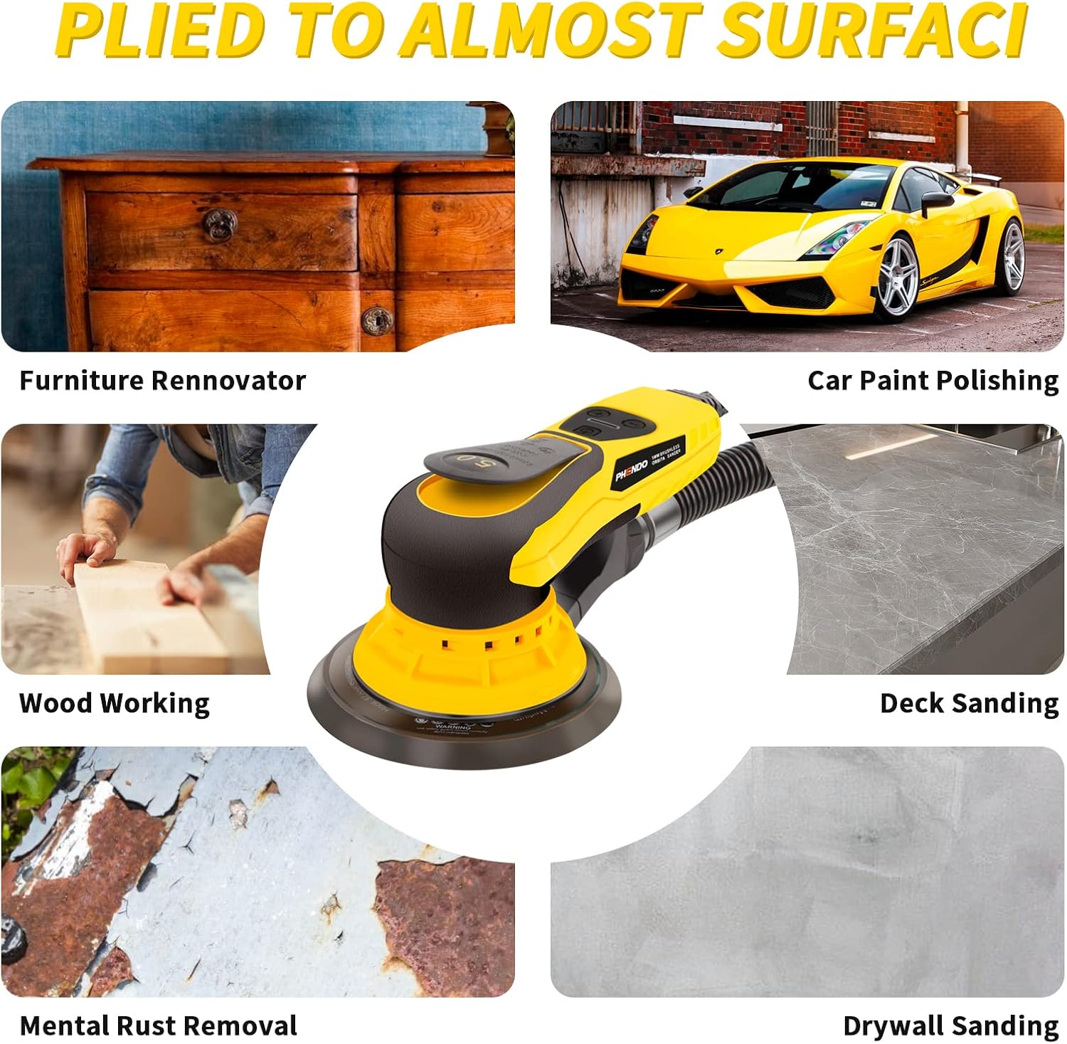 Electric Random Orbital Sander Brushless 350W 3A Multi-function Variable Speed Corded Orbital Sanders Machine For Woodworking, Car, Drywall Sanding, Polishing…