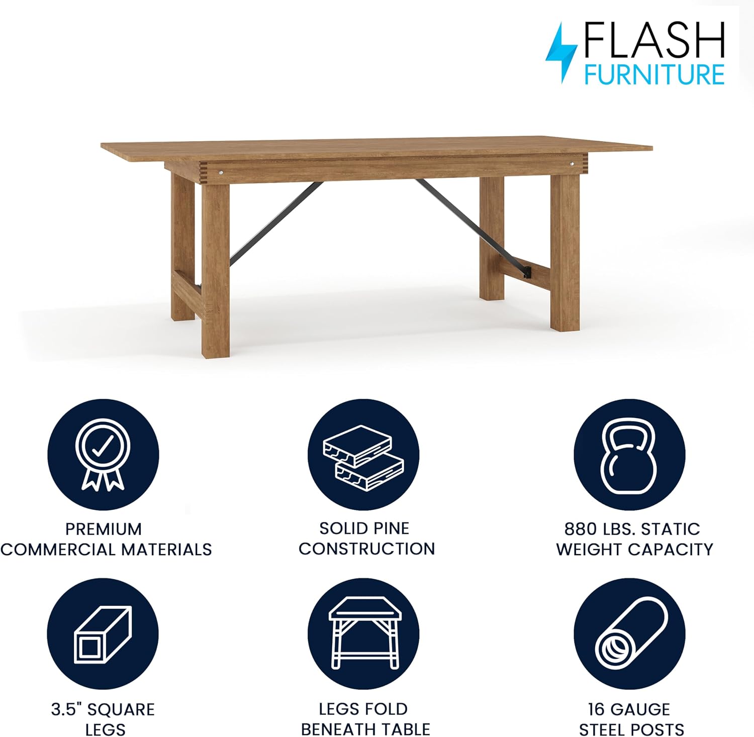 Flash Furniture Hercules Series 7' x 40' Rustic Solid Pine Folding Dining Table, Rectangular Antique Farmhouse Dining and Event Extension Table