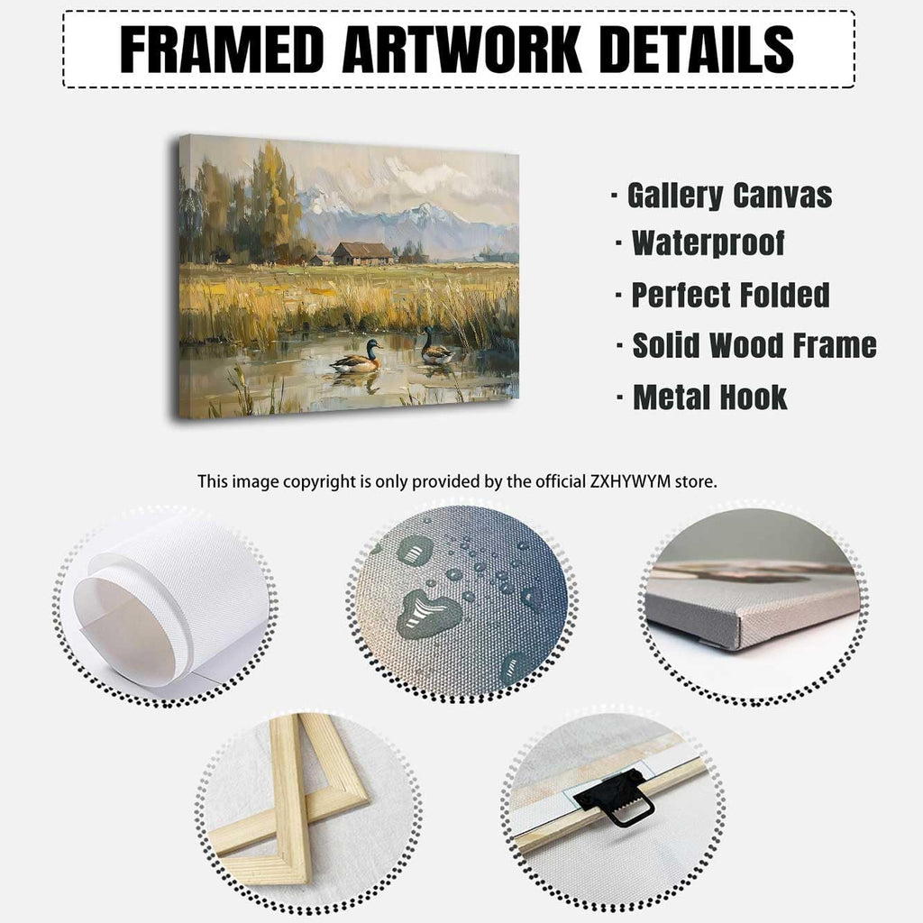 ZXHYWYM Mallard Duck Wall Art Vintage Animal Pictures Farmhouse Countryside Landscape Canvas Painting Duck in Pond Poster Prints Rustic Cabin Wall Decor (28' x 42')