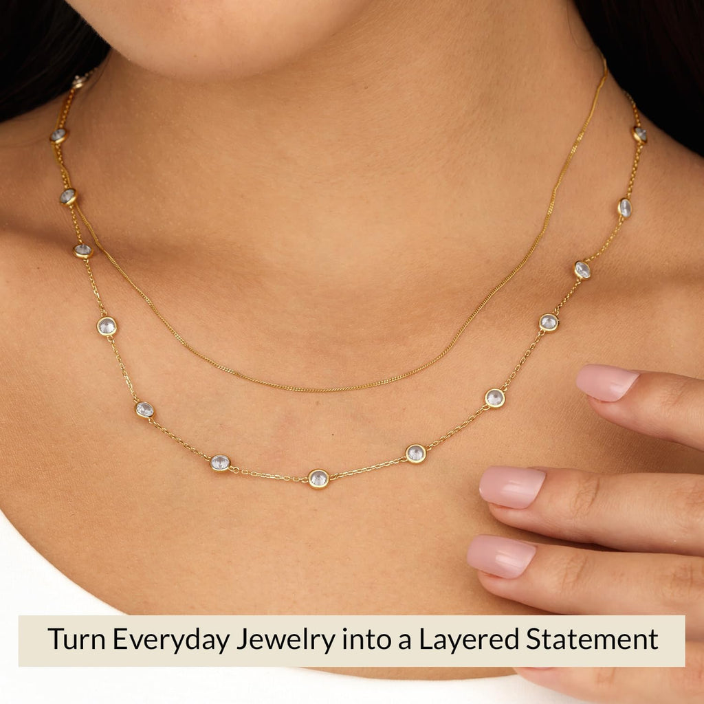 Everyday Elegance 14K White & Yellow Gold Cubic Zirconia Station Cable Chain Necklace for Women | 18' Cable Chain with Spring Ring Clasp | 2 MM, 3.5MM & 4 MM Round CZ Stones | With Jewelry Gift Box