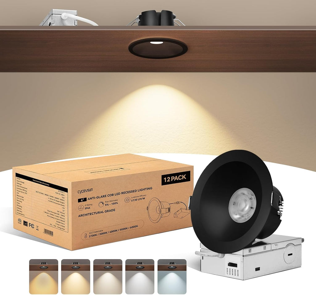 CycevSun Black 4 Inch Anti-Glare Canless Recessed Lighting Ceiling Spotlight, 5CCT Selectable, 130LM/W, 16W, RA95 COB Exterior Outdoor Soffit Lights, IP44 Damp Rated Shower, Dimmable, ETL,12-Pack