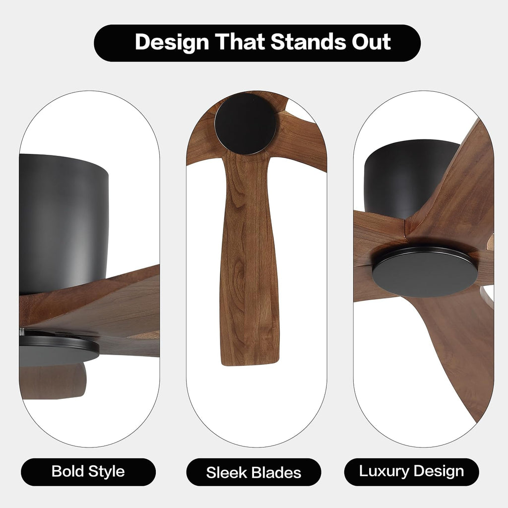 WINGBO 48' Flush Mount DC Ceiling Fans without Lights, 5 Carved Solid Wood Blades, 6-Speed Reversible DC Motor, Low Profile Hugger Ceiling Fan No Lights for Living Room Bedroom Patio, Black and Walnut