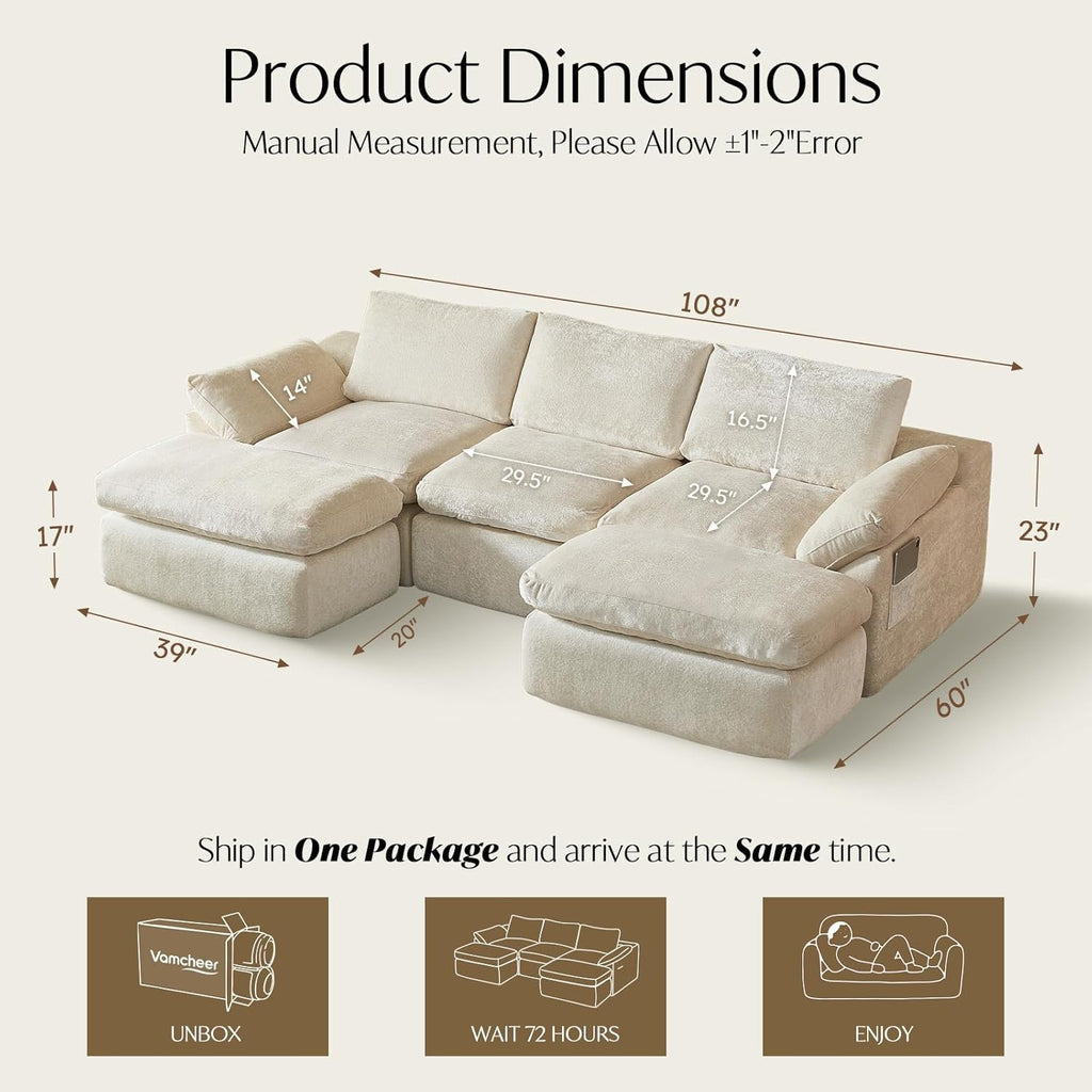 Vamcheer U Shaped Cloud Couch - Utra Soft Modular Sectional Sofa with 2 Movable Ottoman, Deep Seat Boneless Couches for Living Room, Bedroom, Office, No Assembly Required, Beige
