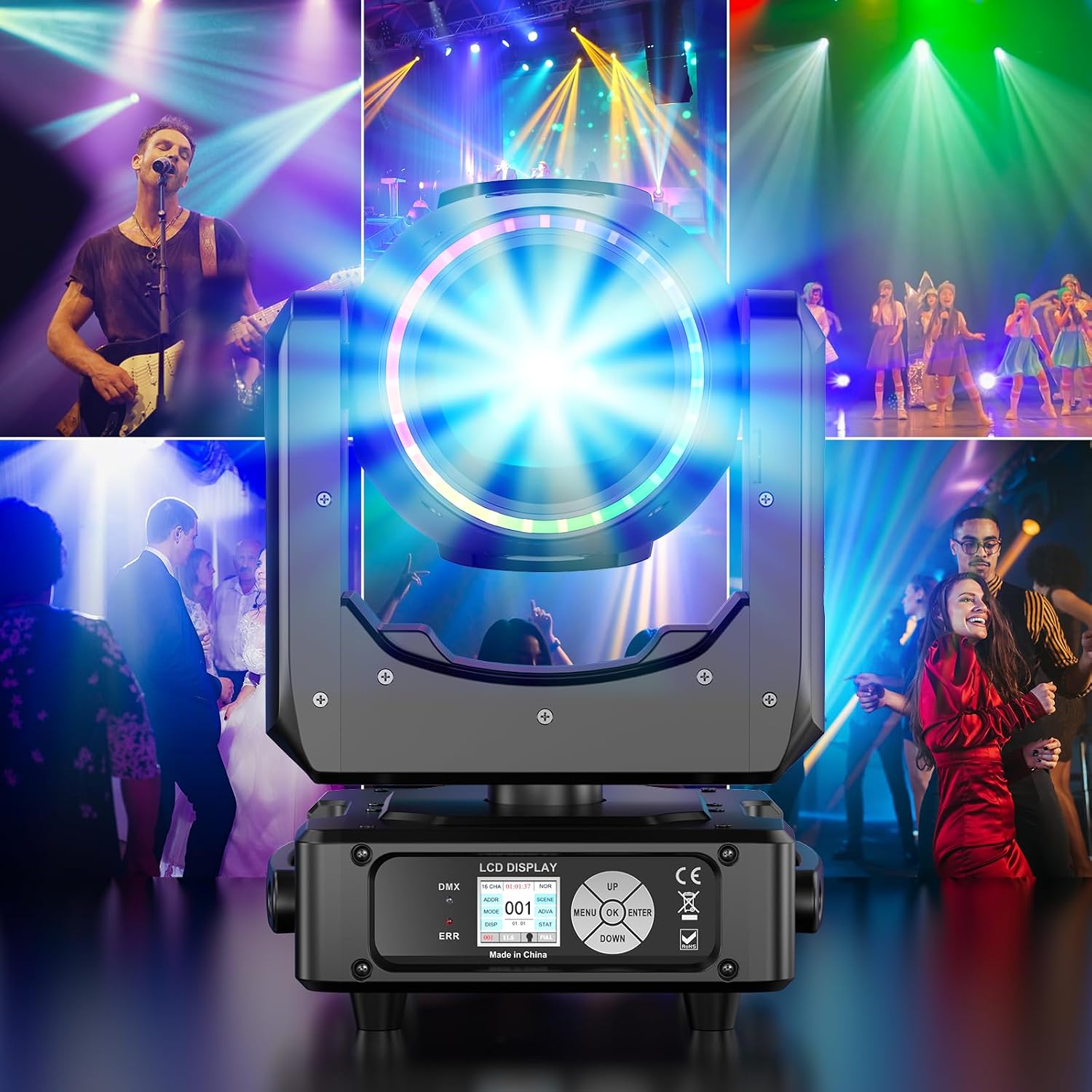 8-Pack 230W 7R Moving Head Lights,48-Facet Prism 14Gobos 14 Colors,Wash/Beam/Frost/Rainbow, 18CH DMX512 Sound Activated