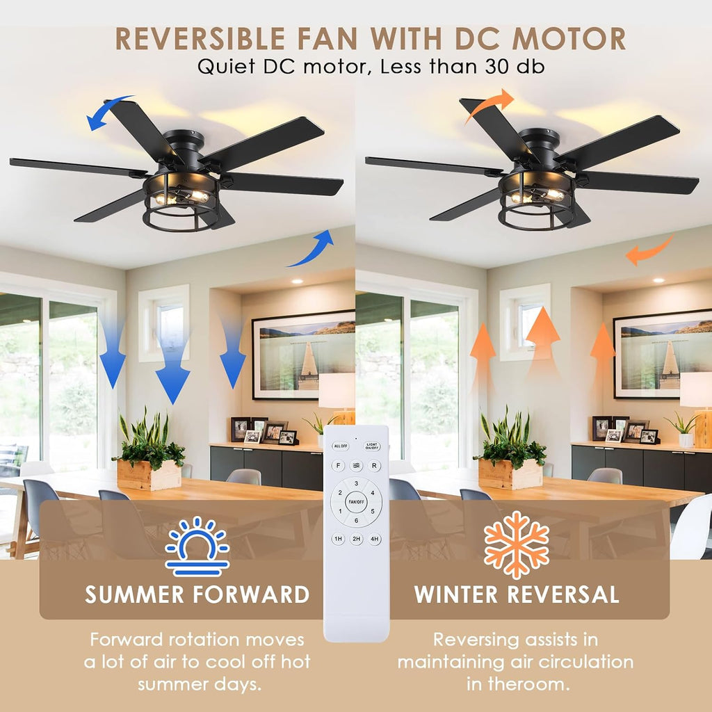 Hounberi 52' Caged Ceiling Fan with Lights and Remote, 6-Speed Quiet DC Motor & E26 Base, 6 Reversible Blades for Black & Wood, Modern Rustic Low Profile Ceiling Fans for Bedroom & Living Room