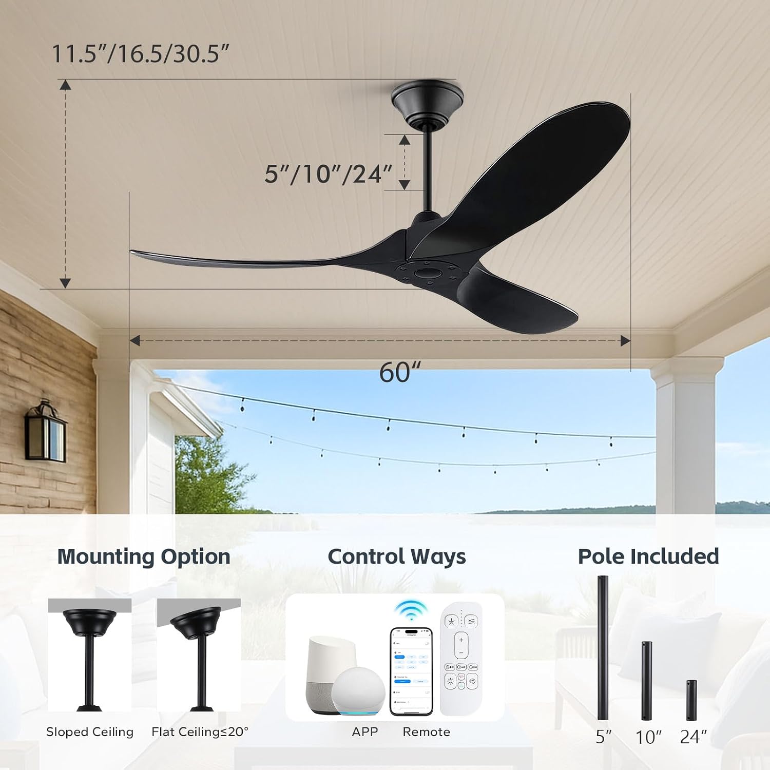 60 inch Black Outdoor Ceiling Fan for Patios without Lights Damp Rated, Large Airflow Smart Ceiling Fan with Alexa/Remote/App Control, Outdoor Wood DC Fan No Light for Commercial Indoor Exterior Porch