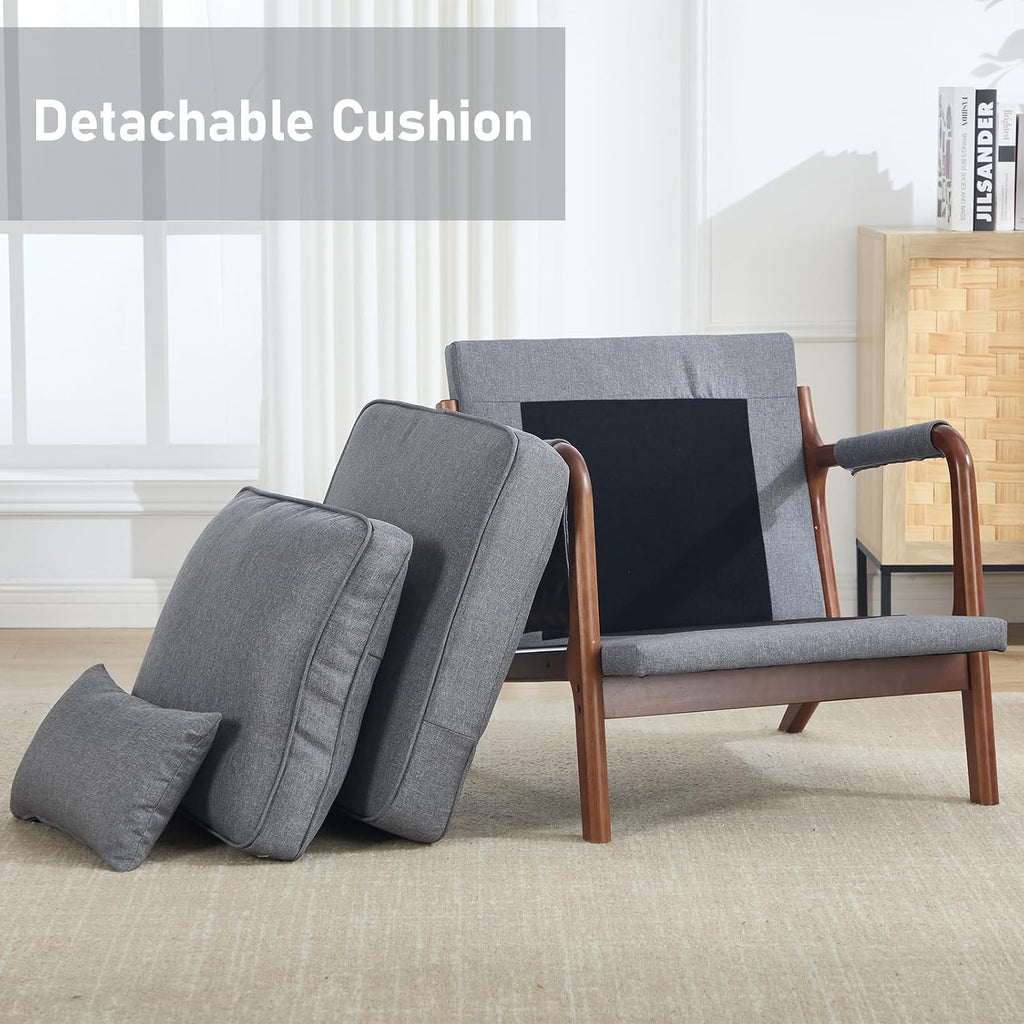 ANJ Mid Century Modern Accent Chair, Lounge Reading Armchair with Extra Side Pocket & Detachable Cushion, Comfy Fabric Accent Chairs for Living Room, Bedroom,Grey