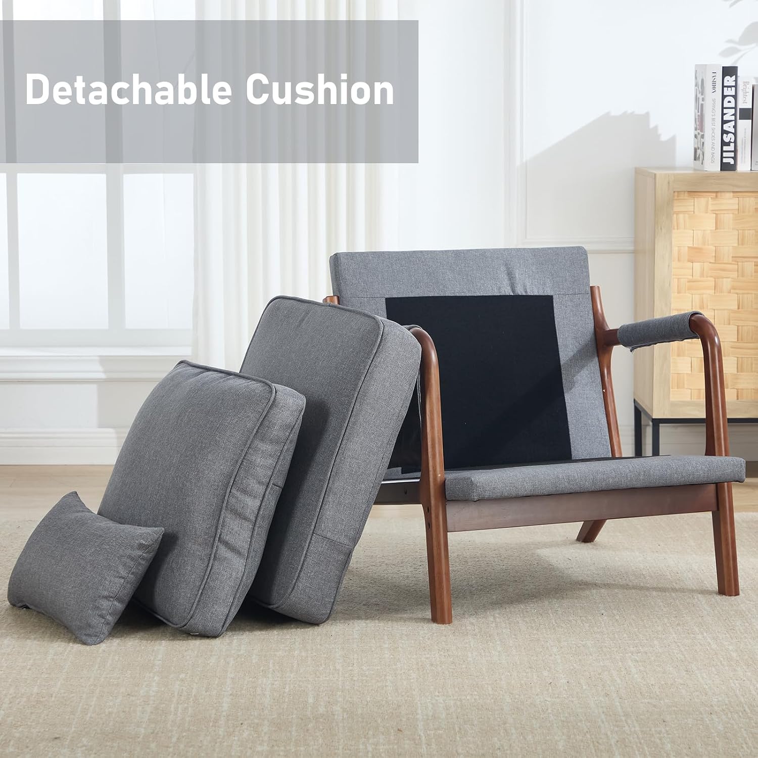 ANJ Mid Century Modern Accent Chair, Lounge Reading Armchair with Extra Side Pocket & Detachable Cushion, Comfy Fabric Accent Chairs for Living Room, Bedroom,Grey
