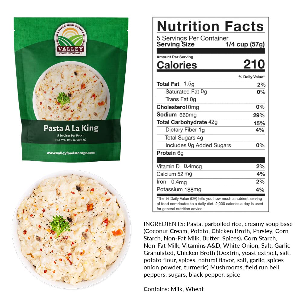Valley Food Storage Pasta A La King | 10-Bag Bucket, 50 Servings | Non-GMO Premium Emergency Food Supply, 25 Year Shelf Life | Survival Meal Kits, Prepper Food & Off-Grid Living Supplies, Packaged in USA