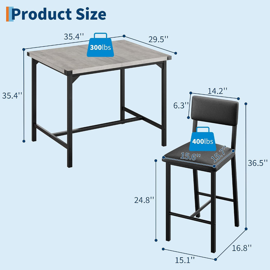 GarveeHome Dining Table Set for 4 with Corner Protector, Kitchen Table Set w/Footrest & Backrest, Counter Height Table with 4 Upholstered Bar Chairs, for Small Space, Retro Gray