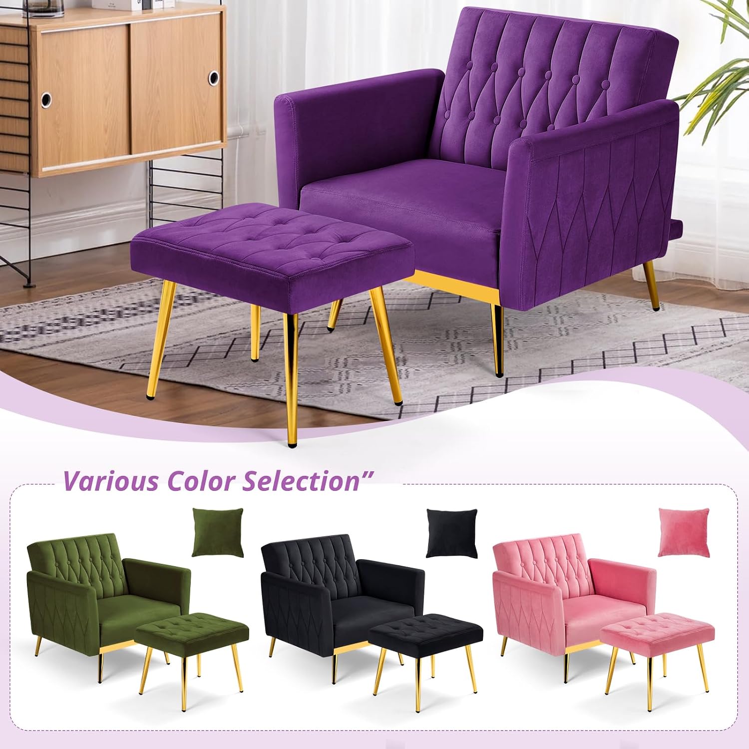 Velvet Accent Chair with Adjustable Armrests and Backrest, Button Tufted Lounge Chair, Single Recliner Armchair with Ottoman and Pillow for Living Room, Bedroom, Purpel