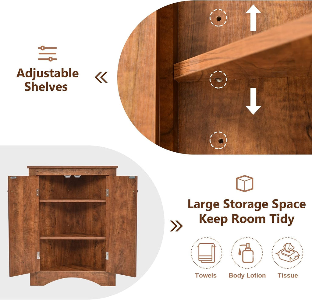 Corner Storage Cabinet with Two Doors for Bathroom, Living Room or Kitchen, Adjustable Shelf, Freestanding Floor Space Saver, Brown
