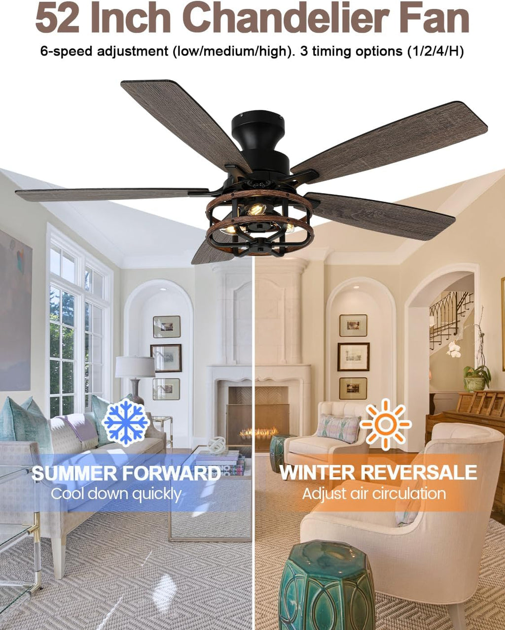 52 Inch Flush Mount Farmhouse Ceiling Fan with Light Rustic Caged Low Profile Ceiling Fan for Living Room Bedroom Patio