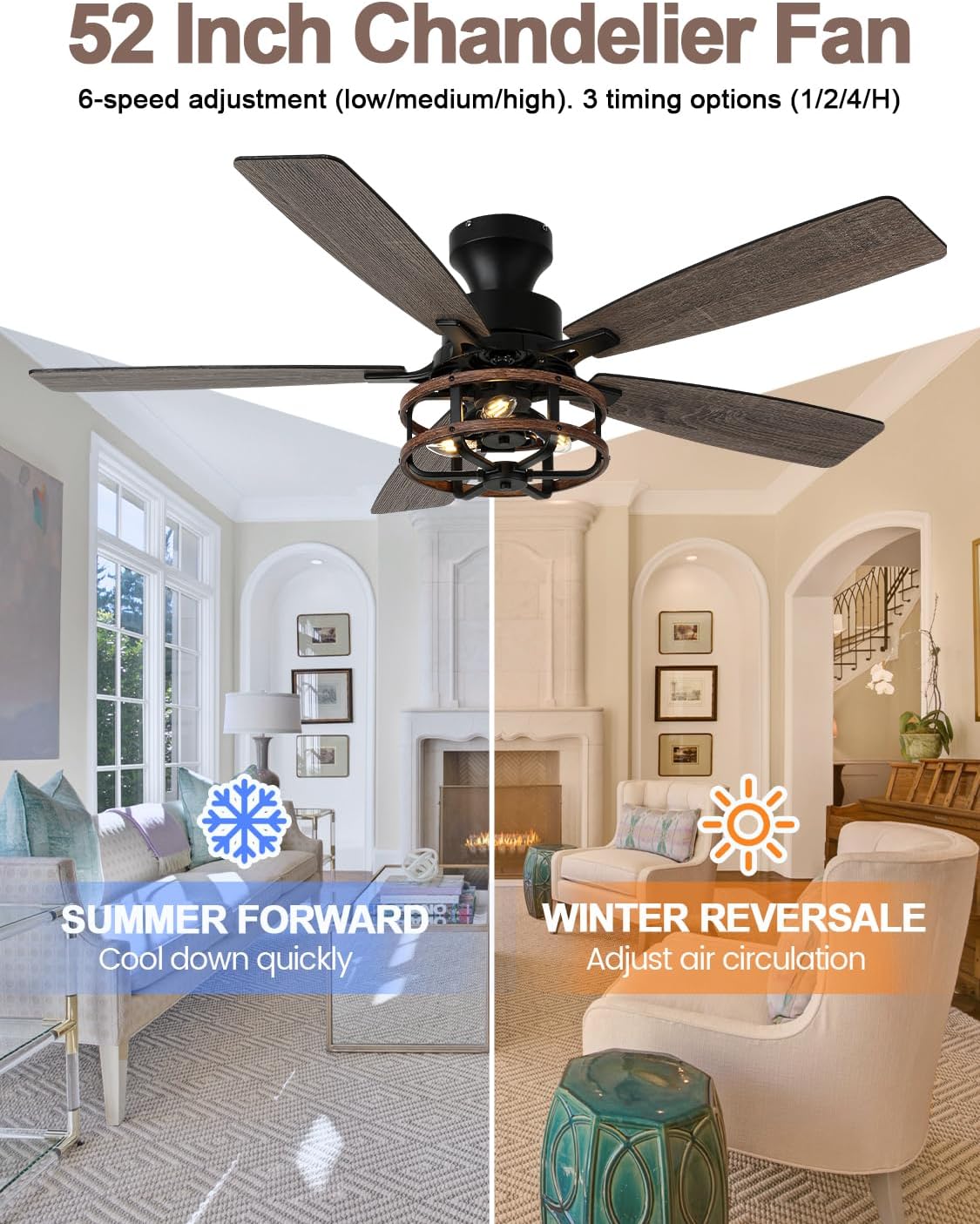 52 Inch Flush Mount Farmhouse Ceiling Fan with Light Rustic Caged Low Profile Ceiling Fan for Living Room Bedroom Patio