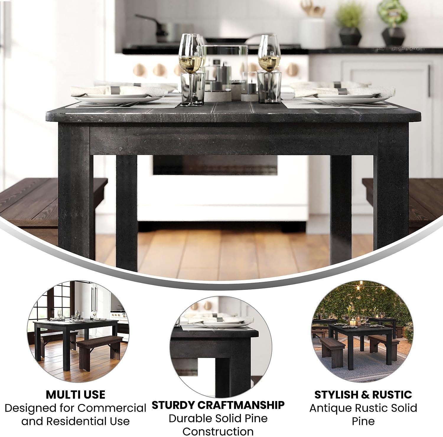Flash Furniture HERCULES 60' x 38' Rectangular Black Wash Solid Pine Farm Dining Table