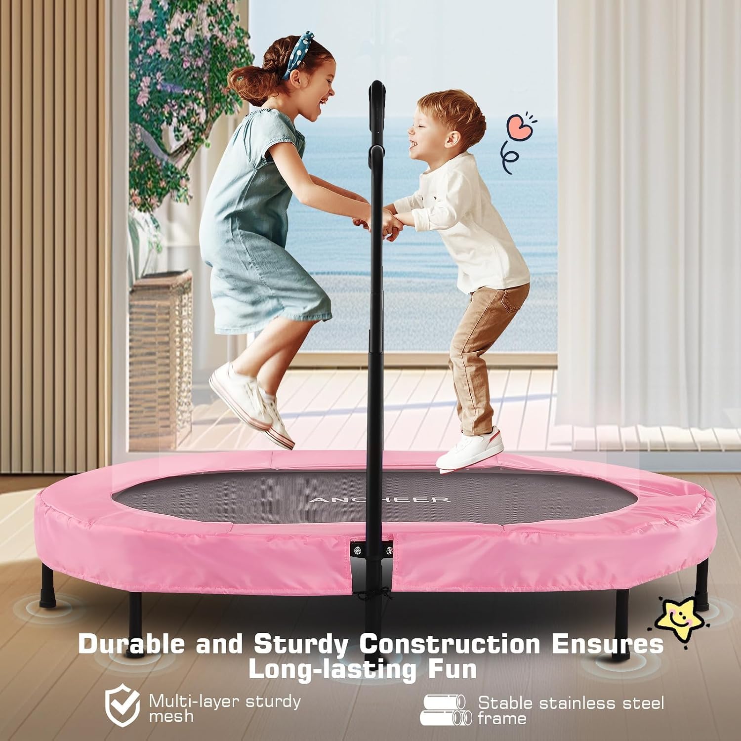 ANCHEER Trampoline for Kids, Toddler Trampoline Indoor Sports and Outdoor Games 56' Kids Rebounder 220LBS Capacity with Adjustable Safety Handrail Foldable Jumper for Boys and Girls