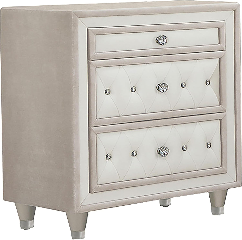 Coaster Home Furnishings - Antonella - Wood - 3-Drawer Upholstered Nightstand with Velvet Upholstery, Button Tufting, Crystal-Like Buttons and Tapered Legs - Bedroom - Ivory and Camel - 223522
