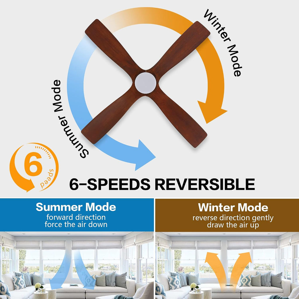 WINGBO 48 Inch Flush Mount DC Ceiling Fan with Lights and Remote, 4 Reversible Carved Wood Blades, 6-Speed Noiseless DC Motor, Hugger Ceiling Fan in Matte Black Finish with Walnut Blades