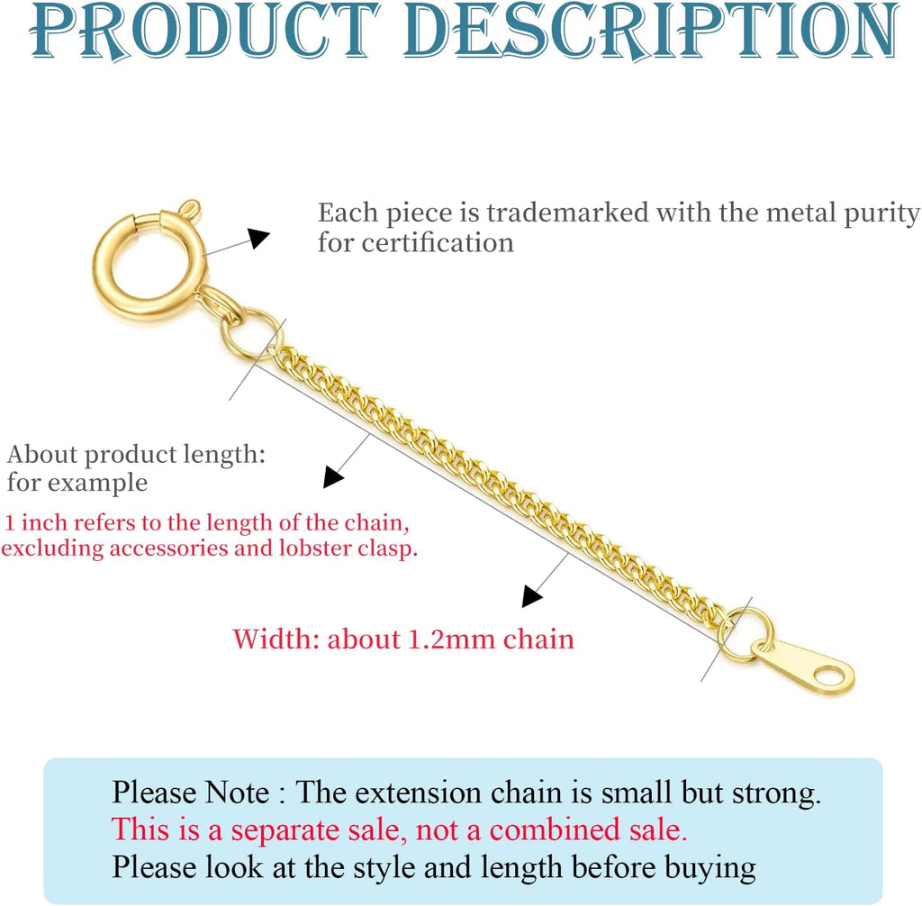 14k Gold 0.5'/1'/1.5'/2'/3' Necklace Bracelet Extender Chain, Necklace Extender Gold 14k, Durable Removable Gold Chain Extender, Gold Extension Chain for Necklace Anklet