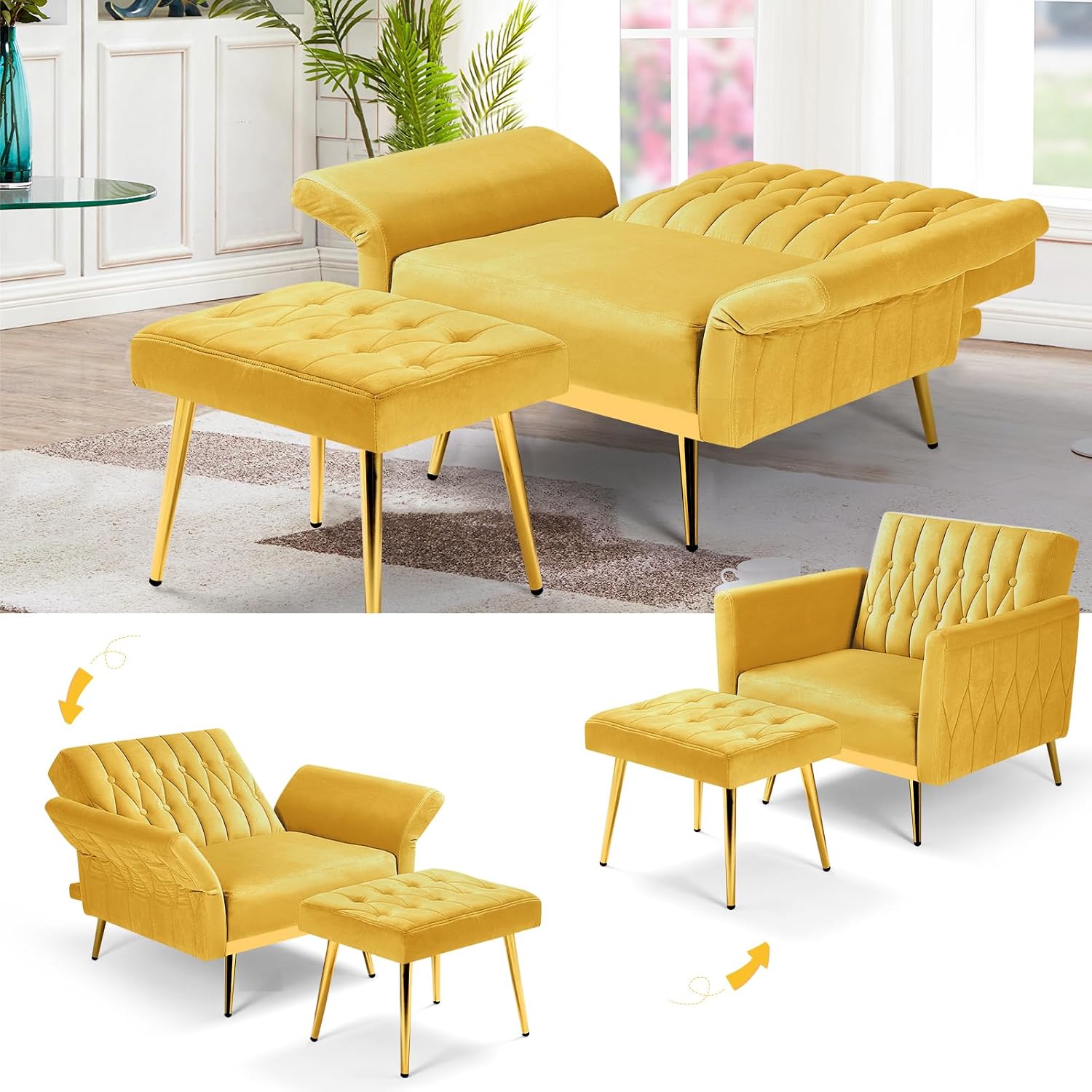 Velvet Accent Chair w/Adjustable Armrests and Backrest, Button Tufted Lounge Chair, Single Recliner Armchair with Ottoman and Pillow for Living Room, Bedroom,Yellow