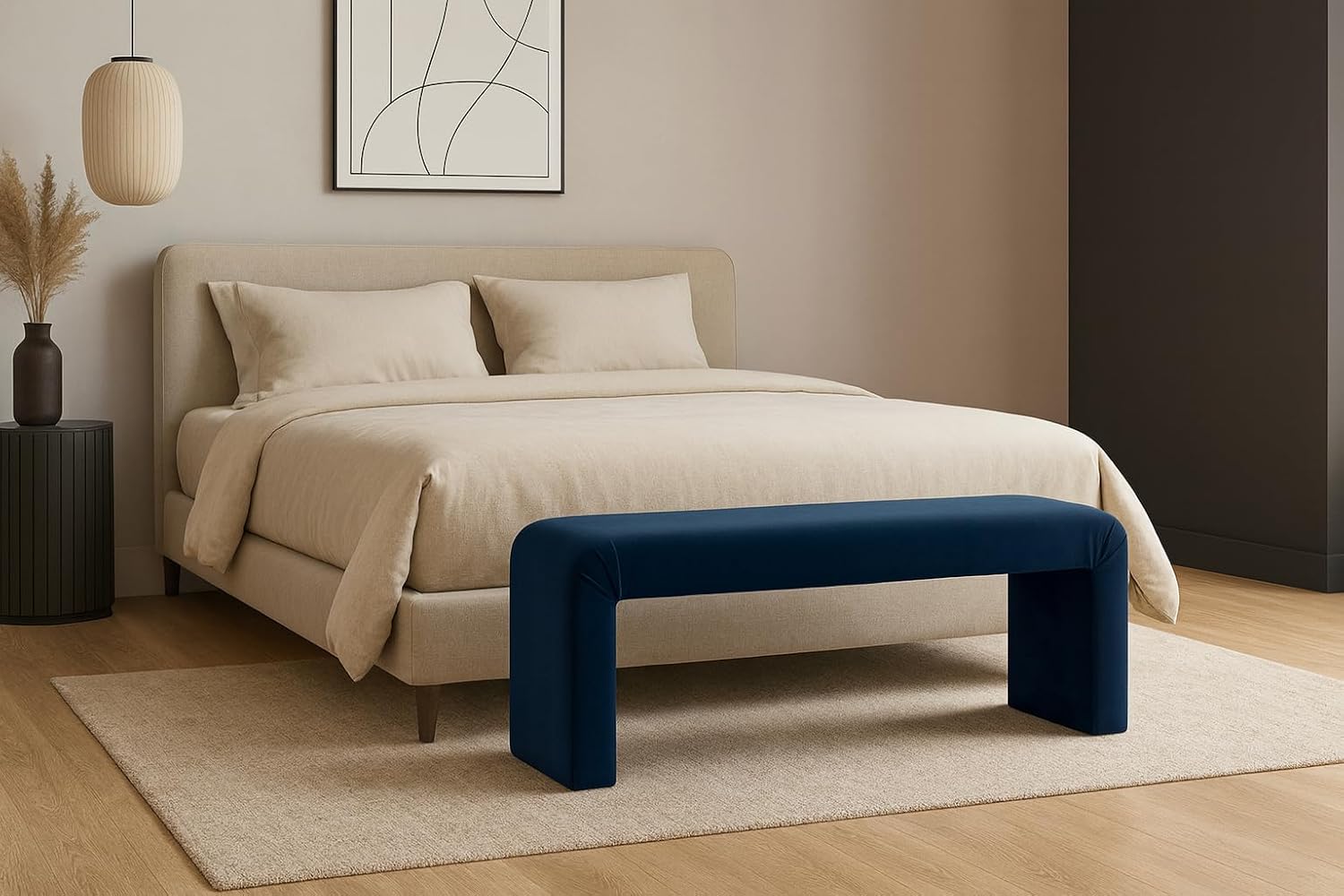 Meridian Furniture Minimalist Collection Modern | Contemporary Velvet Upholstered Bench, 53' W x 14.75' D x 18.25' H, Navy