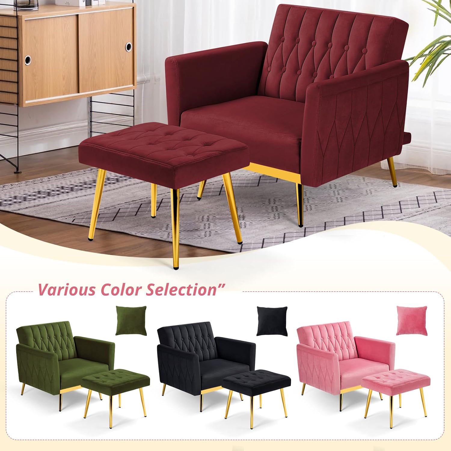 Velvet Accent Chair with Adjustable Armrests and Backrest, Button Tufted Lounge Chair, Single Recliner Armchair with Ottoman and Pillow for Living Room, Bedroom, Red