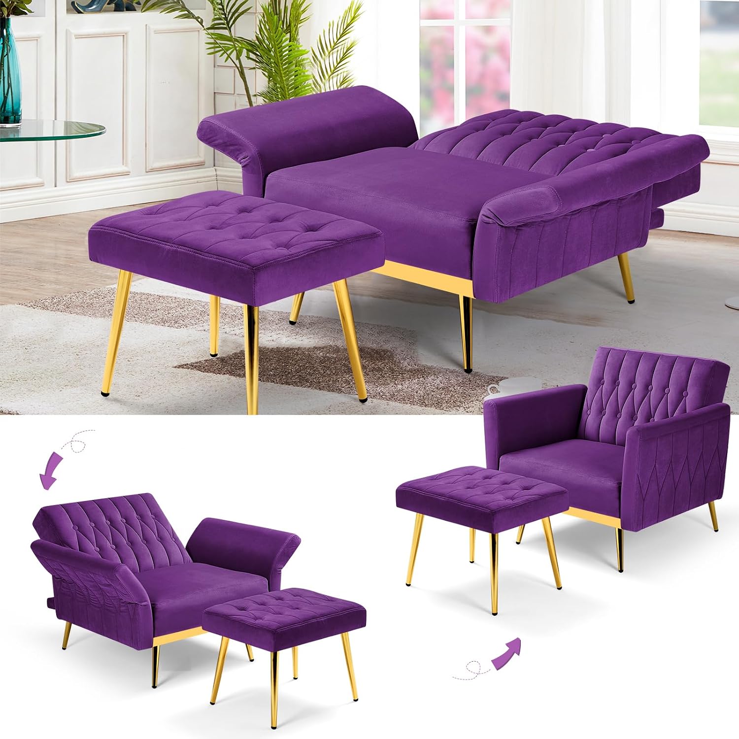 Velvet Accent Chair with Adjustable Armrests and Backrest, Button Tufted Lounge Chair, Single Recliner Armchair with Ottoman and Pillow for Living Room, Bedroom, Purpel
