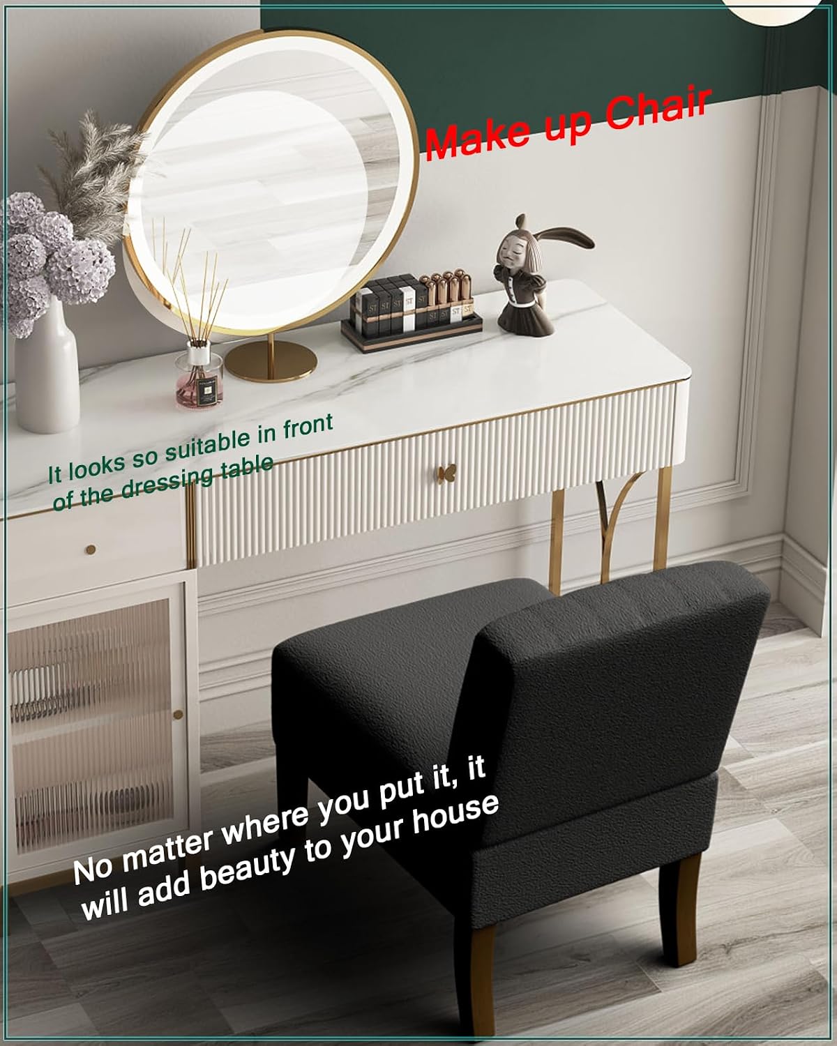 VIRRMO Armless Accent Chairs Set of 2 for Living Room, Modern Slipper Chair Living Room Chairs with Solid Wood Legs, Makeup Vanity Chair Fabric Comfy Upholstered Arm Chair Accent Chair,Black