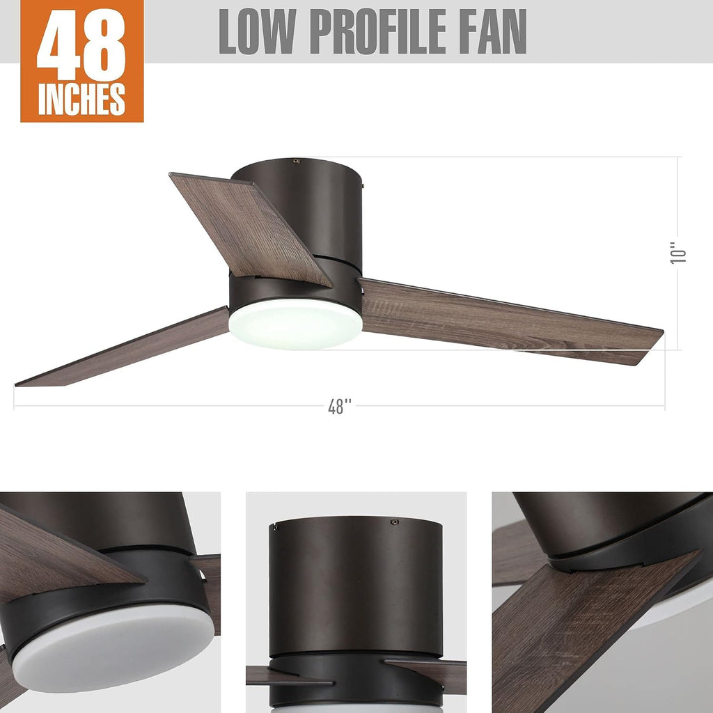 Parrot Uncle Ceiling Fans with Lights and Remote Low Profile Flush Mount Ceiling Fan with Light for Bedroom, Light Color Adjustable, 48 Inch, Brown