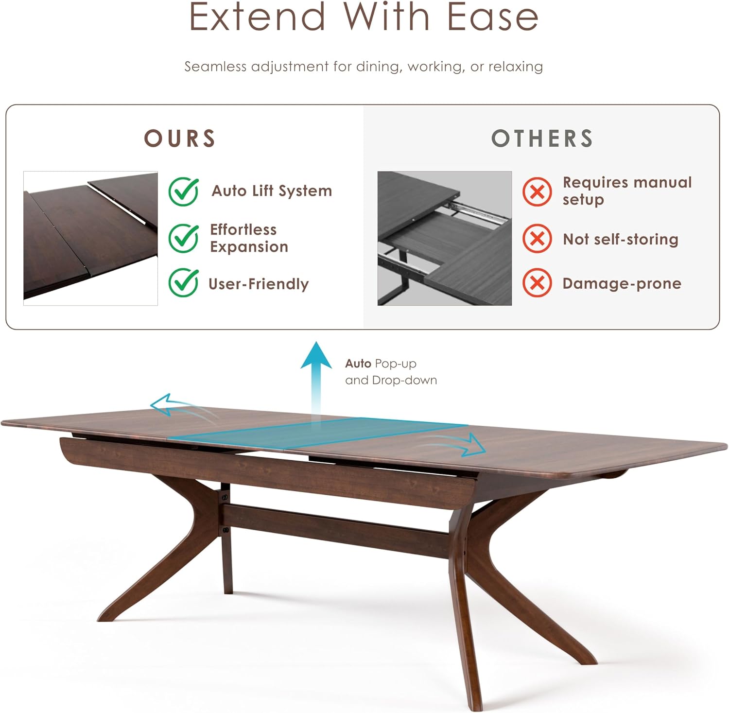 Furniture of America Nazaen Modern Solid Wood 78.8-inch Extendable Rectangular Dining Table with Pop-Up Mechanism, Curved Leg for Home Kitchen, Dinettes, Rich Walnut